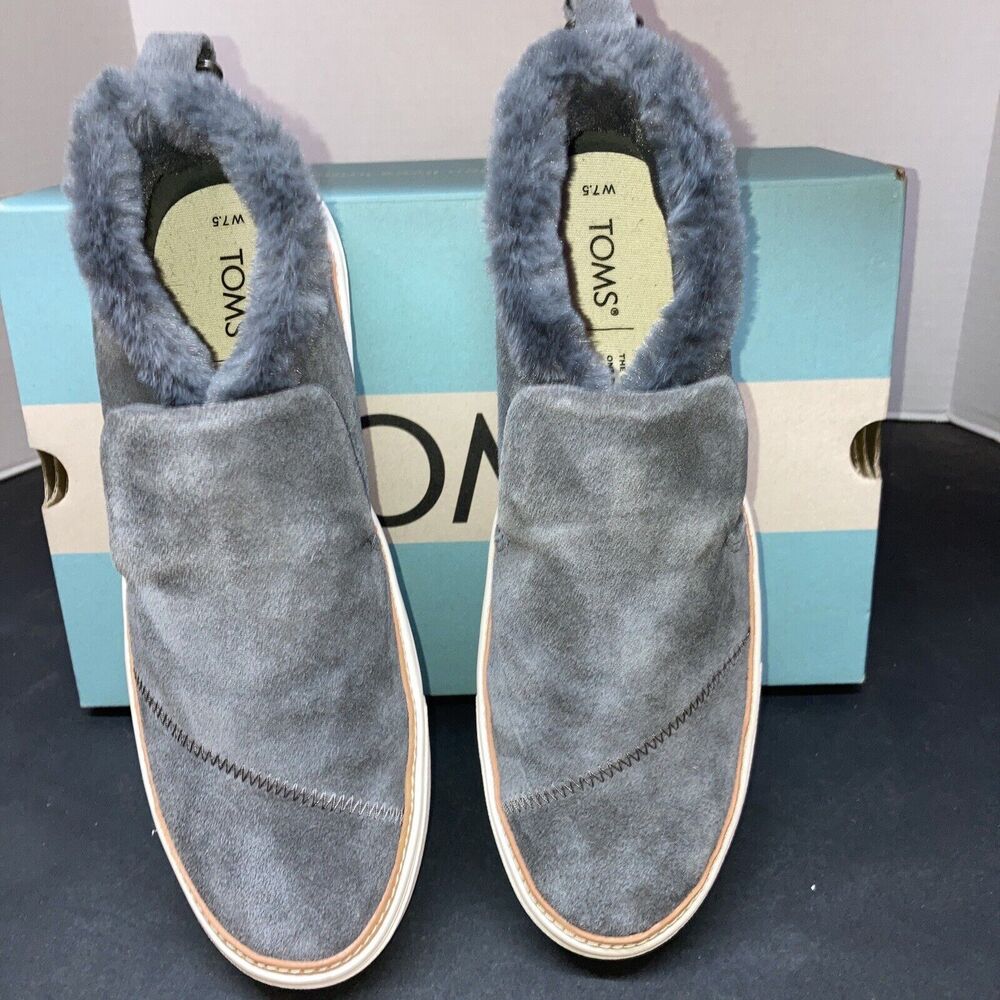 EUC TOMS Paxton Womens Ankle Boots, Suede Dark Gray w/ Gray Faux Fur Size 7.5